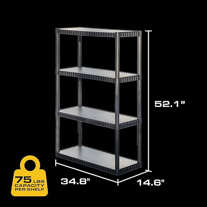 CENTREX CX 4-Tier (52.1”H x 34.8”W x 14.6”D) Plastic Storage Shelving Unit (Black), Medium Duty, 75lbs Per Shelf Capacity, Indoor Storage and Organization in Home, Garage, Office with Easy Assembly