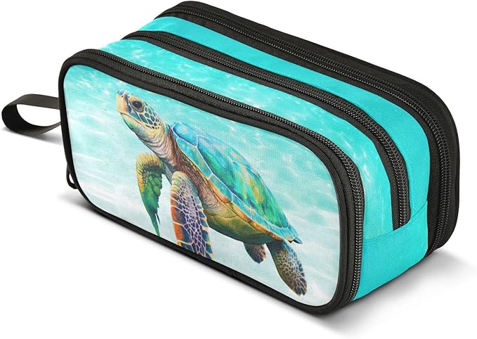 BOENLE Sea Turtle Teal Pencil Case Box Boys Girls Large Pencil Pouch with Zipper Compartments Big Capacity Stationery Pen Bag Organizer for Kids Teens Adults School Office