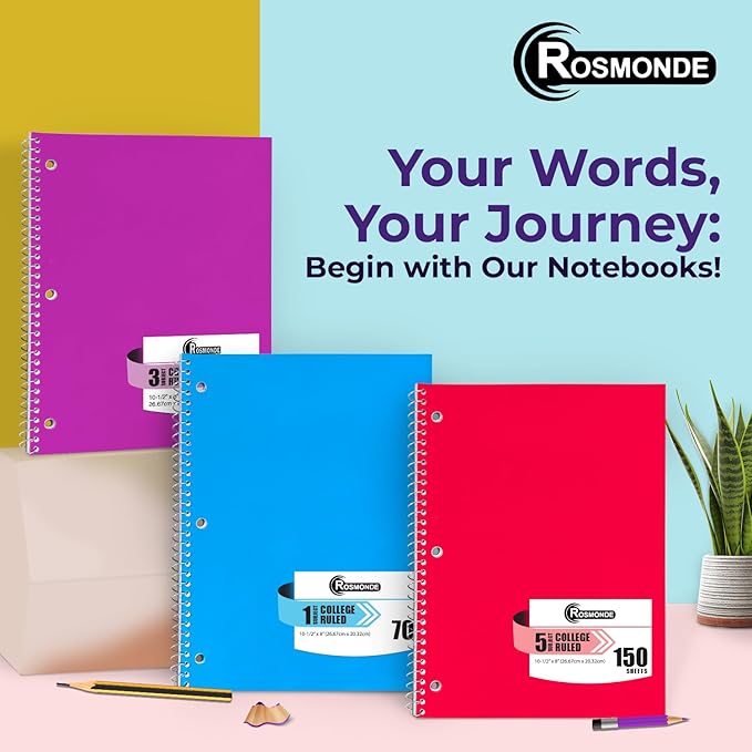 Rosmonde 36 Pack 3 Subject Spiral Notebook College Ruled Bulk, Thick Paper, Extra Pages - 300 Pages (150 Sheets), 8 x 10-1/2", Bulk Spiral Journal for School, 3 Hole Punched, Bulk Subject Notebooks