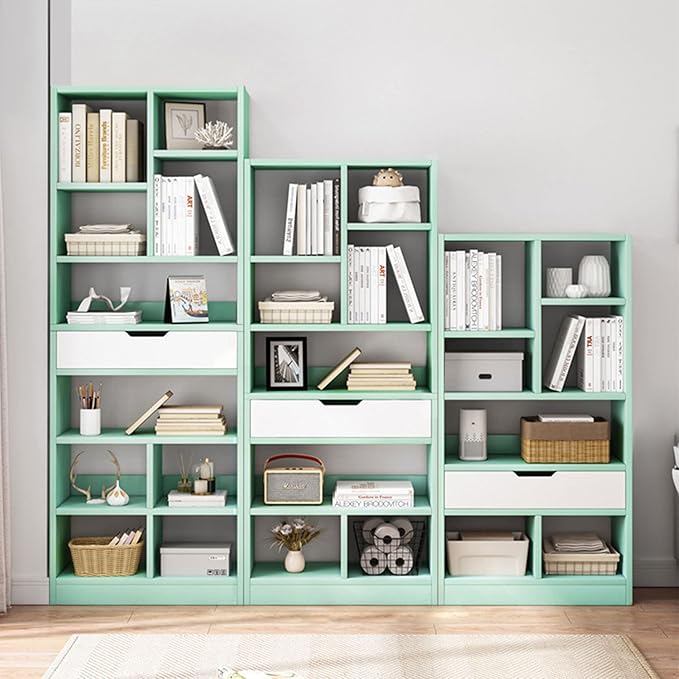 IOTXY Wooden Open Shelf Bookcase - 51 Inches Height Freestanding Display Storage Cabinet Organizer with 7 Cubes and a Drawer, Floor Standing Bookshelf in Tiffany-Green