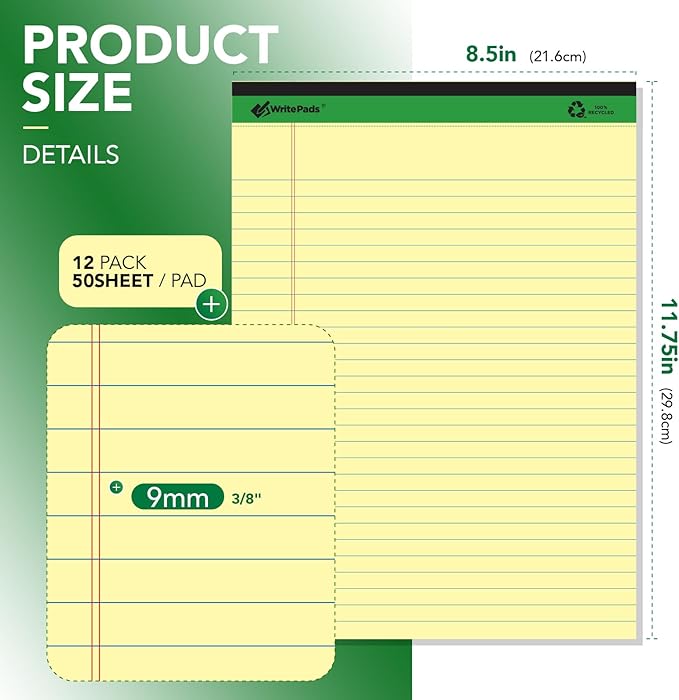 KAISA Legal Notepads 8.5"x11.75"，12pads note pads office supplies Recycled Paper 8.5"x11.75" Wide Ruled 50 sheets Hard Back Notepads 8-1/2"x 11-3/4" Writing Tablet Canary For Office Supplies (Pack of 12) KSU-5668