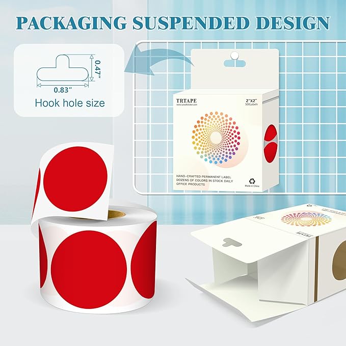 2 Inch Round Color Coding Labels (500 Count) - Red Dot Stickers Circle Labels with Dispenser Box for Warehouse, Filing, Industrial, Office Organization