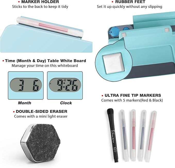 Small Glass Desk Whiteboard Dry-Erase Board with Clock, Small Travel Clock Keychain with Desk Notepad, Time Table Whiteboard for Desk Digital LED Light Display, 8x6 in with Accessories, Aqua Blue