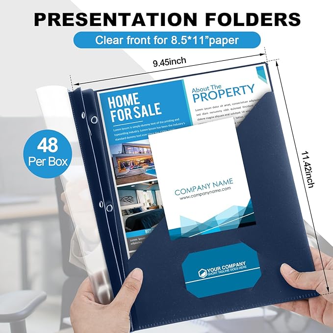 Teling 48 Pcs Clear Front Report Covers with 3 Prongs, Plastic Navy Blue Presentation Folders Bulk with 3 Pockets for A4 and Letter Size Paper, 90 Sheet Capacity, Document Covers for School Business