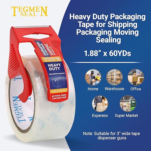 TegmenSeal Heavy Duty Clear Packing Tape with Dispenser Combo for Shipping, Moving & Storage,Thicker Clear Packing Tape, 1.88 inches Wide, 60 Yards Per Roll, 12 Pack 720 Total Yards
