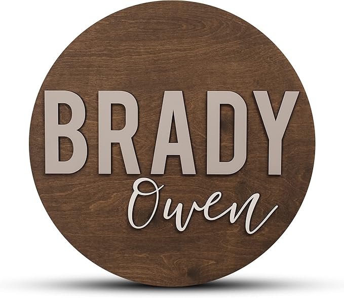Custom Round Nursery Name Sign, Personalized Wooden Wall Plaque, 12" 18" 24", 30" 3D Wall Art for Children & Kids Rooms, Baby Shower, Hickory Hollow Designs (Brady Owen)
