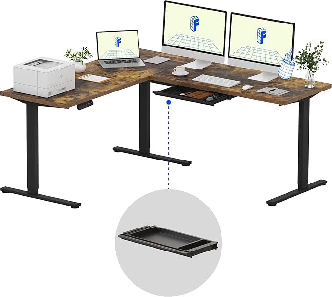 FLEXISPOT L Shaped Standing Desk, 71 x 63 Inch Electric Height Adjustable Corner Desk, Sit Stand Computer Workstation, Preset Controller, Home Office, Black Frame with Rustic Brown Top, Black Drawer