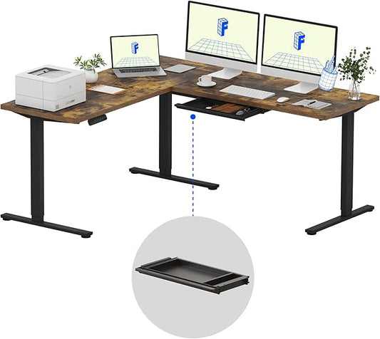 FLEXISPOT L Shaped Standing Desk, 71 x 63 Inch Electric Height Adjustable Corner Desk, Sit Stand Computer Workstation, Preset Controller, Home Office, Black Frame with Rustic Brown Top, Black Drawer