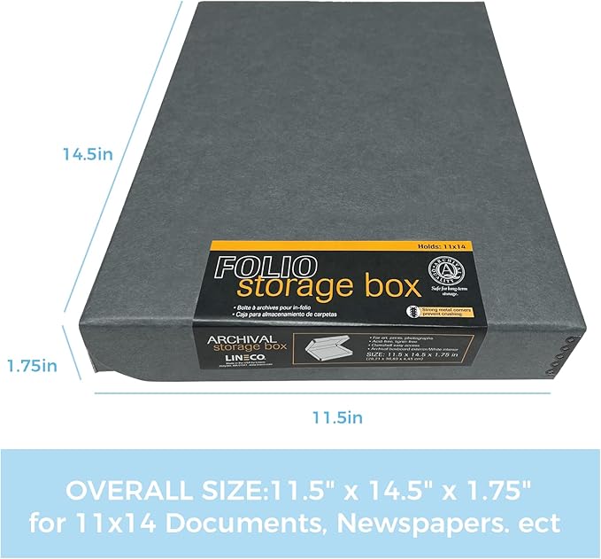 Lineco Folio Storage Box, Clamshell Design with Metal Edge. 11.5x14.5x1.75 Inches, Archival Boxboard, Preserve Photos, Cards, Magazines, Documents, Art, Ephemera, Family Records, Gray, Pack of 2