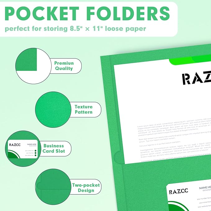Two Pocket Folders, RAZCC 50 Pack 2 Pocket Folders Fit Letter Size Paper, Paper Folders with Pockets for School Office Business Home (Green)