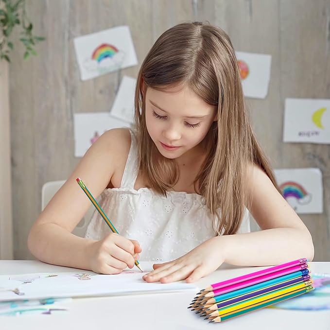 M&G Aurora Series 24 Pack 2B Triangular Wood-Cased Pencils, Pre-Sharpened with Erasers, Smooth Writing Break-Resistant Core, 6 Two-Tone Striped Colors for School Office Drawing Classroom Supplies