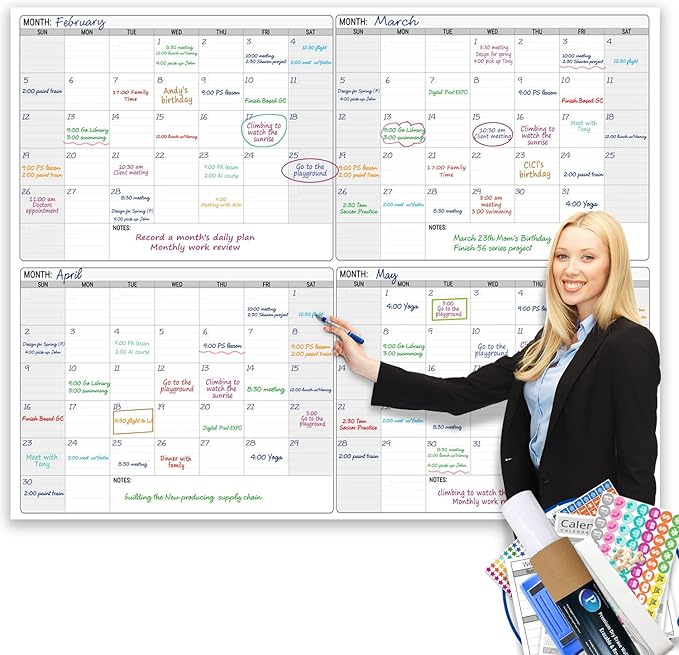 Dry Erase Four Month Laminated Jumbo Wall Calendar, 46" x 63", Huge Quarterly Laminated Erasable White Board, Giant 120 Day Family Whiteboard Schedule Planner, Large Multi Month Reusable Poster