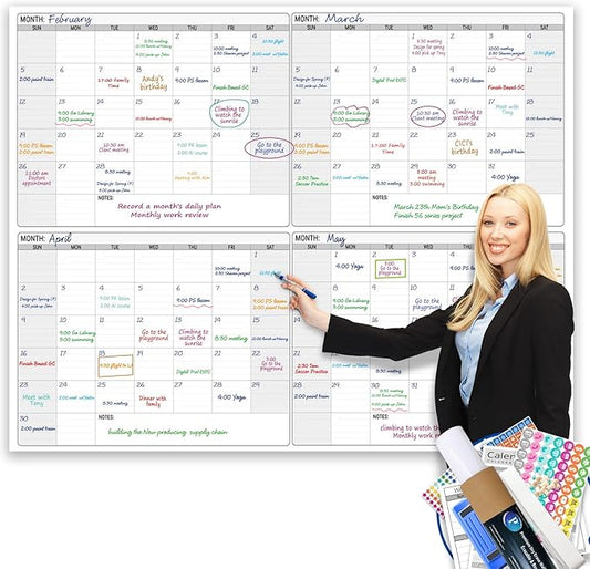 Dry Erase Four Month Laminated Jumbo Wall Calendar, 46" x 63", Huge Quarterly Laminated Erasable White Board, Giant 120 Day Family Whiteboard Schedule Planner, Large Multi Month Reusable Poster