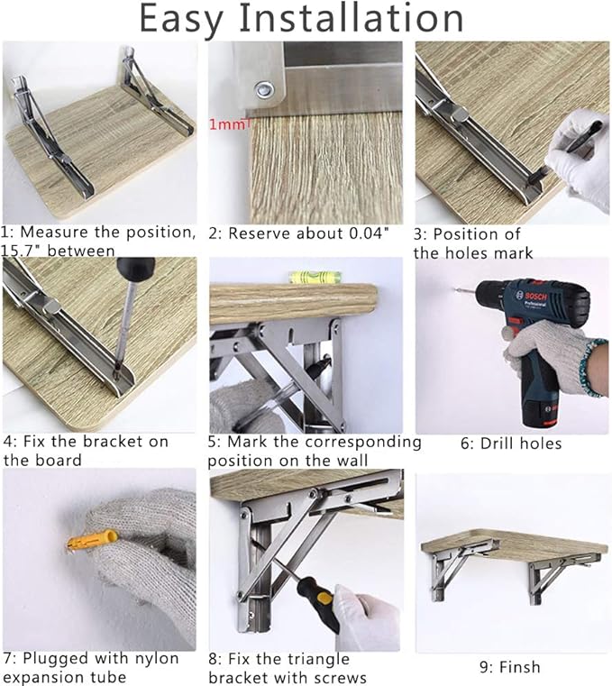 Folding Shelf Brackets, Max Load 300 lb, Heavy Duty Stainless Steel Collapsible Wall Mounted Shelf Brackets for Table, Space Saving DIY Bracket, Pack of 2 (2, 24 Inch)