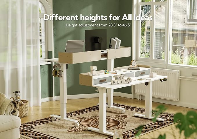 Claiks Standing Desk with Drawers, Adjustable Stand Up Electric Standing Desk Adjustable Height with Storage Shelf and Splice Board, 63 Inch, White