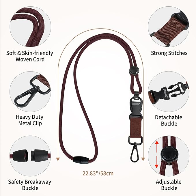 Fishent Breakaway Neck Lanyards for ID Badges, Adjustable Durable Heavy Duty Lanyard with Detachable Buckle for Keys Holder (Dark Brown)