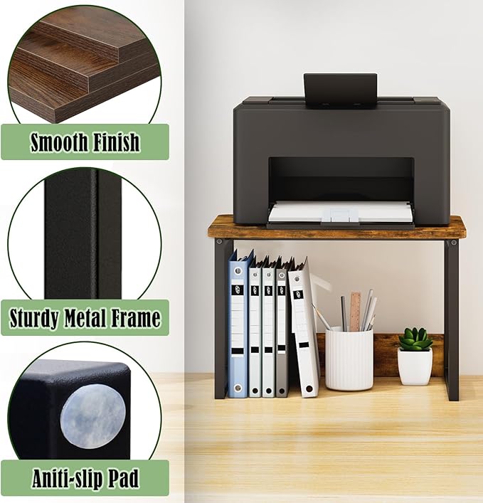 MARTY Printer Stand with Storage for Desk, Desktop Printer Stand Shelf Organzier for Home/Office Heavy Duty Printer Riser Under Desk Small Printer Table for Fax Machine Copier Scanner(Rustic Brown)