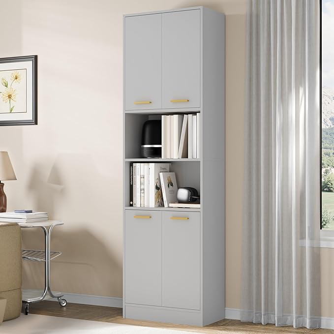 Cozy Castle Kitchen Pantry Cabinet, 75" Tall Wood Storage Cabinet with Doors and Shelves, 4 Doors Open Countertop Utility Hutch Cupboard for Dining Room Living Room Bathroom Furniture, Gray