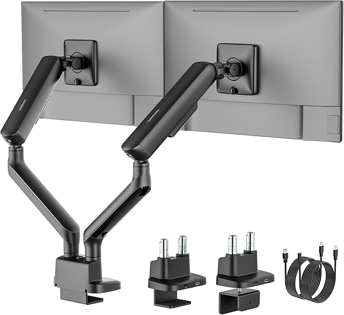 monTEK Dual Monitor Arm with USB, Mechanical Spring Monitor Arm for 17-35" Screens, Adjustable Monitor Desk Mount Each Holds up to 24.2 lbs with C Clamp/Grommet Desk Mount, VESA 75/100mm, MA1011UCBK-D