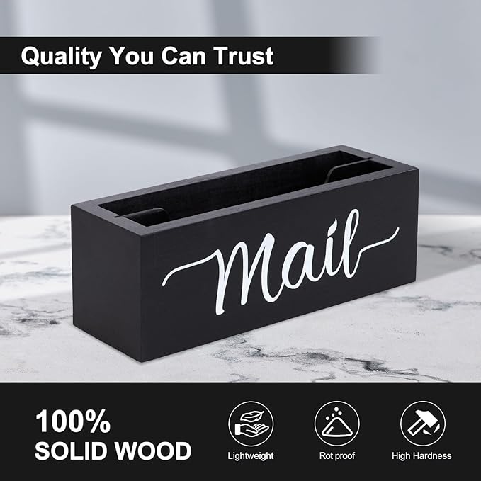 Lucundm Desk Mail Organizer, Mail Organizer Countertop, Wood Desk Mail Storage Box, Envelop Holder for Home Office (Black-2 slot)