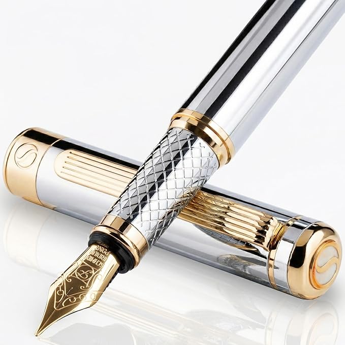 Scriveiner Silver Chrome Fountain Pen - Stunning Luxury Pen, Real Gold Finish, Schmidt Gilded Nib (Fine), Best Gift Set for Men & Women Professional Executive Office Fancy Nice Designer Pen
