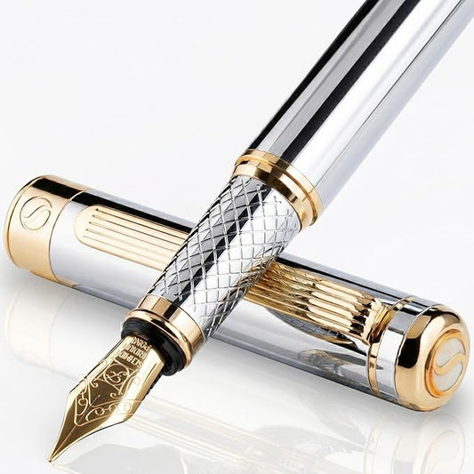 Scriveiner Silver Chrome Fountain Pen - Stunning Luxury Pen, Real Gold Finish, Schmidt Gilded Nib (Fine), Best Gift Set for Men & Women Professional Executive Office Fancy Nice Designer Pen