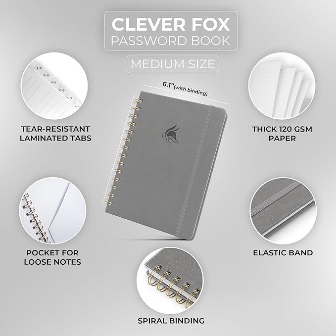 Clever Fox Password Book Spiral – Internet Address & Password Organizer with Laminated Alphabetical Tabs – Password Keeper Journal – Hardcover, Medium Size, 6.1x7.7” (Gray)
