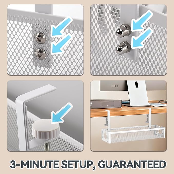 Cable Management, 15'' Under Desk Cable Management Tray No Drill, Metal Cable Organizer with Clamp for Wire Management, Cord Organizer for Home Office, Desk Accessories Organizer, White