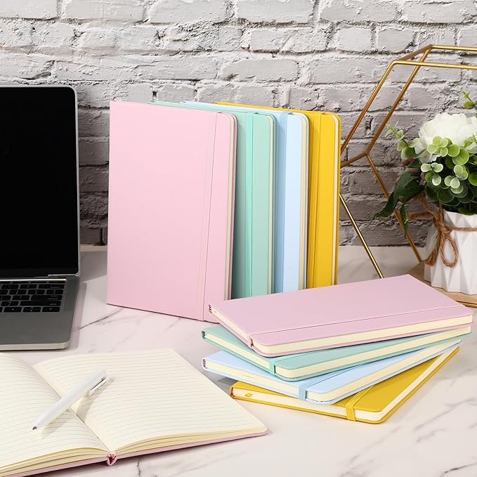 Honoson 20 Pack Lined Journal Notebooks A5 Hardcover Executive Notebook 5.5" x 8.3" PU Leather Wide Ruled Journals Bulk with Elastic Band for Home Business Office School Supplies(4 Pastel Colors)