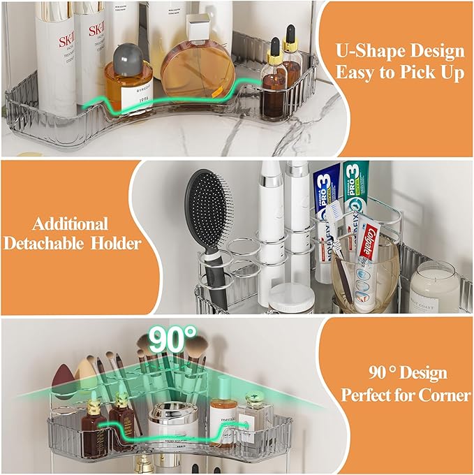 SUNZOS Modern 3-Tier Bathroom Organizer, Corner Makeup Storage with Brush Holder, Acrylic Vanity Organizer, Large Capacity Countertop Organizer for Kitchen, Dresser, Gray