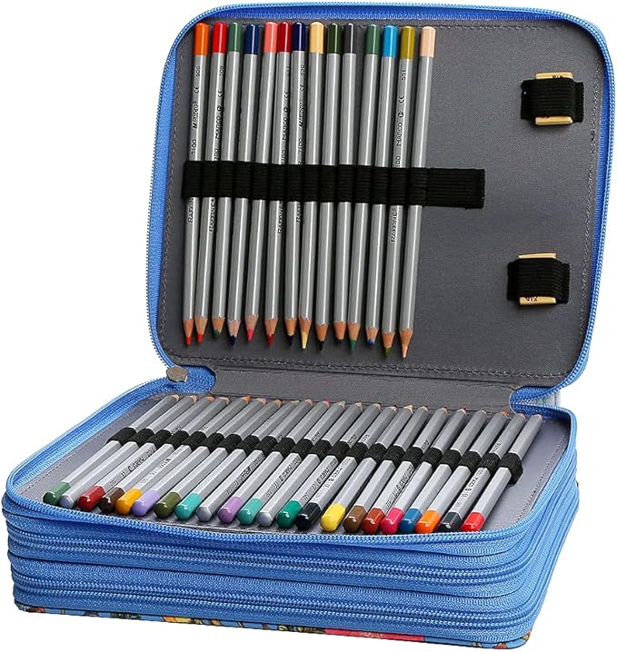 Vomgomfom Colored Pencil Case - 124 Slot Pencil Holder with Zipper Closure, Twill Fabric Large Capacity Pencil Case for Watercolor Pens or Markers, Artist Organizer (Blue Flower)