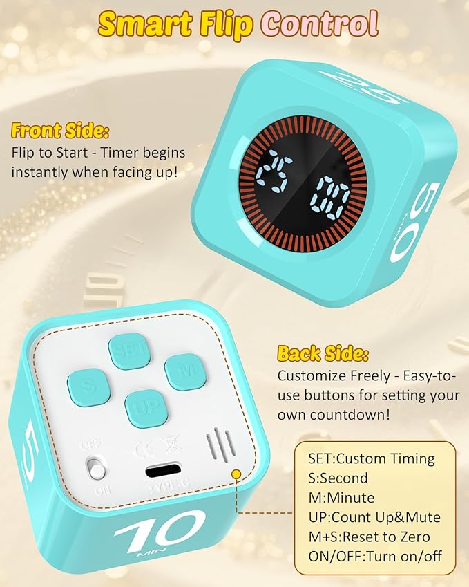 Digital Pomodoro Timer Cube 5/10/25/50min, Visual Productivity Flip Timer for Kids Classroom Desk, Custom Countdown, Silent and Sound Mode for ADHD Study Work Game Kitchen (Mint Green)