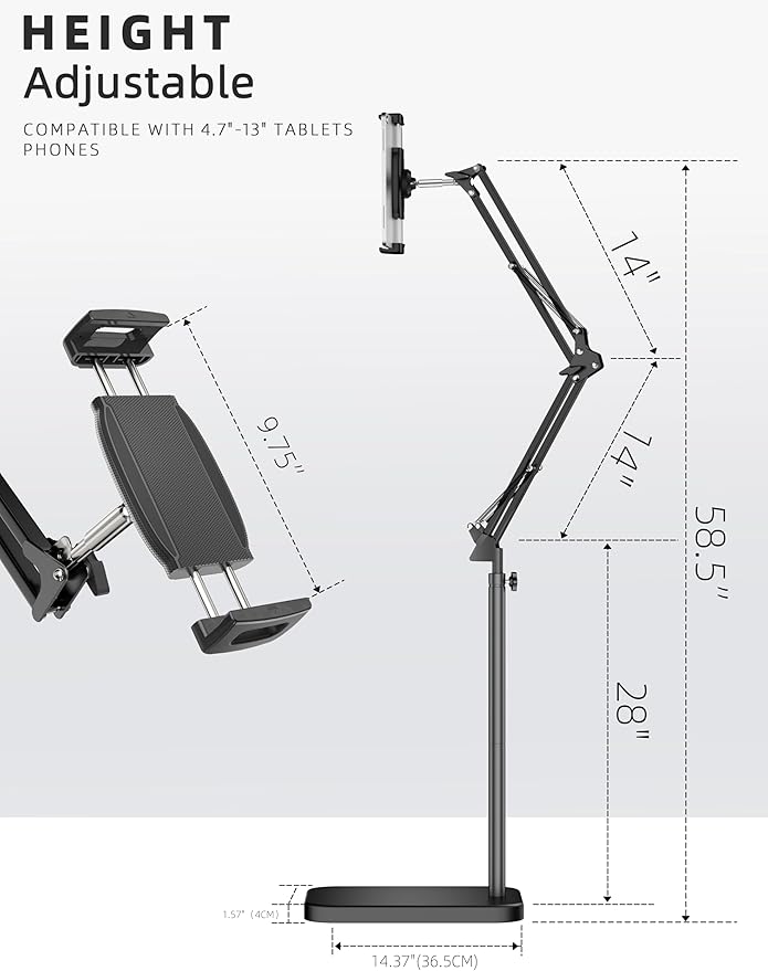 BluuSuuk Tablet Floor Stand with 11lb Stable Base - Adjustable Height Stretchable Arm Swivel Holder Mount, Compatible with iPad Pro Air Mini 12.9/9.7, Kindle, Galaxy Tab, Cell Phones (4.7''-13'')
