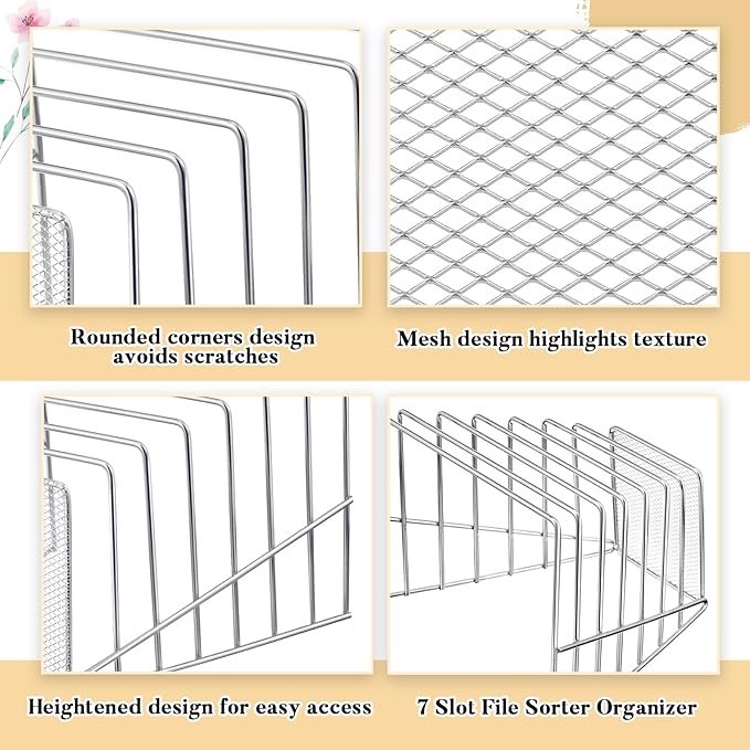 2 Pcs 7 Section Incline File Sorter Metal Wire Mesh File Rack for Desktop Letter Sorter for Magazine Folder Book Organizer Home Office School Paper Mail Desk Storage Holder (Silver)