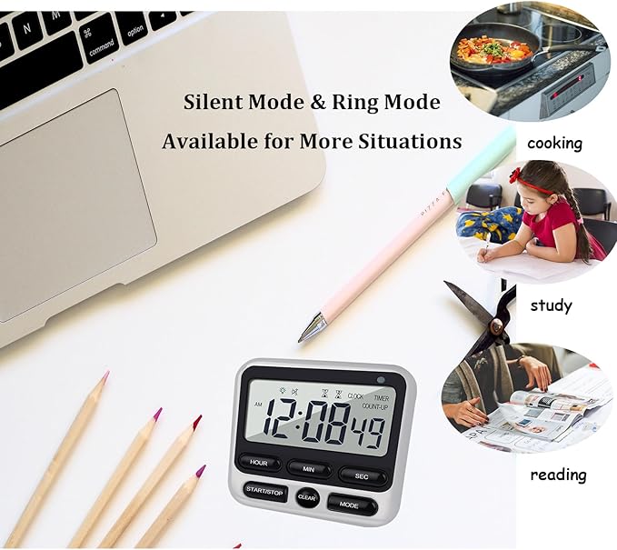 Digital Dual Kitchen Timer with Strong Magnet,24-Hour Countdown & Stopwatch,Loud Alarm,12/24 Hour Clock Switch,Calendar,Visual Indicator Light,Mute Option,3 Placement Options (Batteries Included)