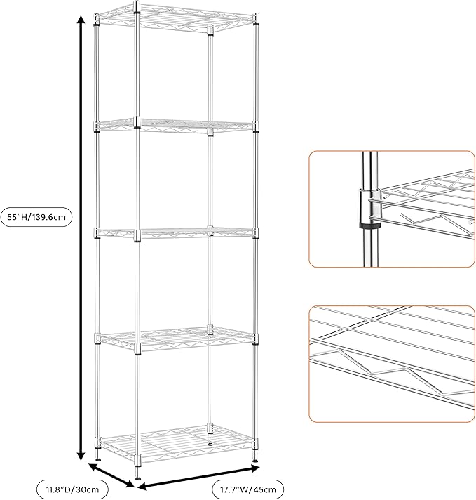 M MZG 5 Tiers Shelf Metal Storage Shelves Wire Rack Closet Organizers with Wheel for Garage Kitchen Bathroom Laundry Chrome 11.8" D x 17.7" W x 55" H