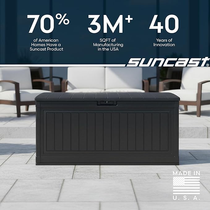 Suncast 80-Gal. Waterproof Resin Large Outdoor Patio Deck Box with Pad-Lockable Lid, Modern Outdoor Patio Bench/Storage Box for Cushions, Garden Tools, and More, Iron Ore