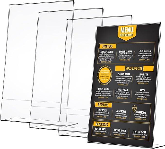 Wenqik 4 Packs 8. 5" x 14" Sign Holders Vertical l Shape Frame Acrylic Document Holder Side Loading Clear Flyer Holder Slanted Desk Paper Display Stand Graphic Poster Shelf for Restaurants Office