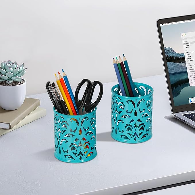EasyPAG Teal Pen Holder for Desk, 2 Pack Round Pen Organizer, Brush Holder for Vanity, Metal Pencil Cup Organizer for Home, Office, Classroom, School