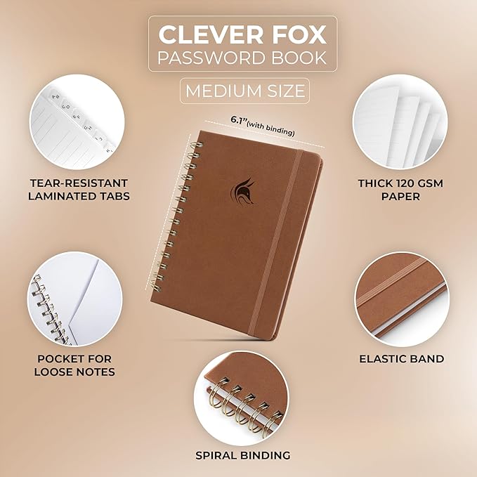 Clever Fox Password Book Spiral – Internet Address & Password Organizer with Laminated Alphabetical Tabs – Password Keeper Journal – Hardcover, Medium Size, 6.1x7.7” (Brown)