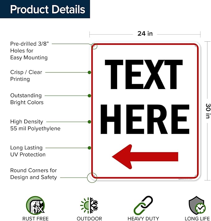 Custom Arrow,Custom Directional Sign, Left Arrow,24x30 Inches, 55 mil thick HDPE (high density polyethylene) Made in USA by My Sign Center