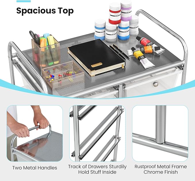GLACER 10 Drawer Rolling Cart, Storage Cart with Lockable Whieels & Metal Frame, Trolley for Art Craft Oganizer, Mobile Utility Cart for Office, School, Classroom, Kitchen (Clear White)