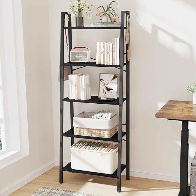 Hzuaneri Ladder Shelf, Bookshelf Bookcase, Freestanding Corner Storage Shelve with 2 Hooks for Home Office, Living Room, Kitchen, Bedroom, Industrial, 11.8" D x 23.6" W x 63" H, Black BC19304B
