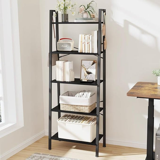 Hzuaneri Ladder Shelf, Bookshelf Bookcase, Freestanding Corner Storage Shelve with 2 Hooks for Home Office, Living Room, Kitchen, Bedroom, Industrial, 11.8" D x 23.6" W x 63" H, Black BC19304B