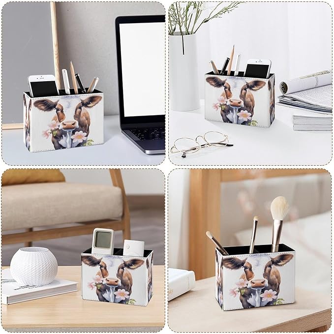 Famame Cow Eating Pink Flowers Pencil Holder for Desk, Leather Desktop Container Pen Cup Storage Study Table Pen Organizer Makeup Brush Holder for Classroom Office Home