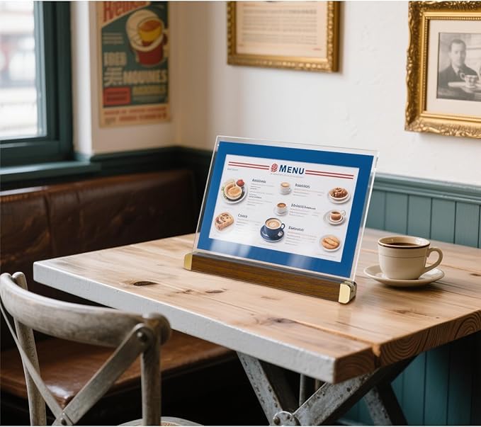 8.5 x 11 Menu Holder, Acrylic Table Menu Stand, Classic Wooden Sign Holder, Double Sided Display Table Top Paper Holder, for Bar, Cafe, Restaurant, Store, Certificate, Document (Vertical, 2pack)