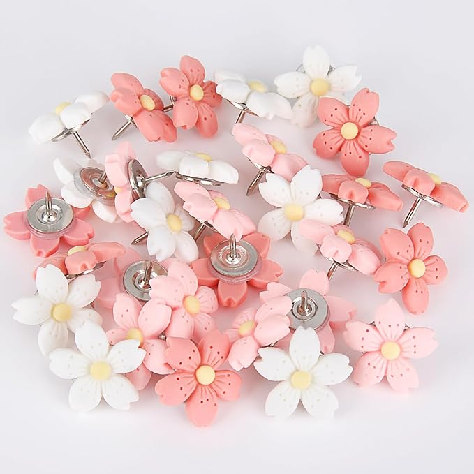 30pcs Decorative Flower Push Pins - Pink Thumb Tacks for Cork Board, Photo Wall, Feature Wall, Map, Bulletin Board, Office or Home