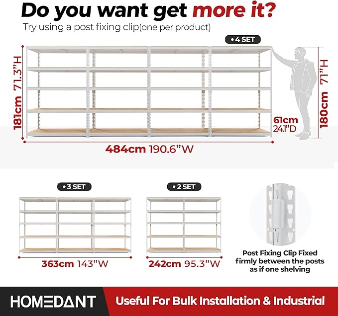 HOMEDANT 47.7" W Deep 5 Tier Heavy Duty Garage Shelving Adjustable Metal Rack Storage Shelves Standing Shelf Unit Organizers Industrial Warehouse Basement White 1Pack