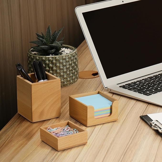 CMLKLZD Desk Organizer Set of 3 - Wood Office Desk Accessories - Desk Organizers and Accessories for Women Men - Set incl. Pencil Pen Holder, Paperclip Storage and Sticky Note Holder