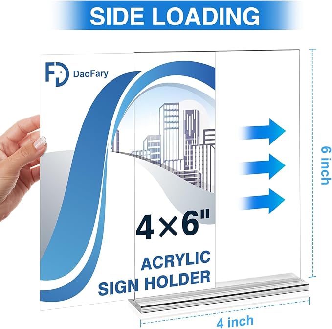 Daofary Acrylic Sign Holder 4 x 6 Inches 4 Pack, Double-Sided Stand up Table Top Paper Holder, Store Sign Holders, Plastic Sign Display for Restaurants, Hotels, Office